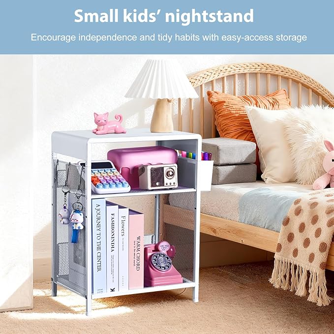 Kids Nightstand, 3-Tier Metal Side Table with Adjustable Storage Shelf, Basket & 3 S-Hooks, Small Bedside Table for Nursery, Toddler Bedroom and Small Spaces (White)