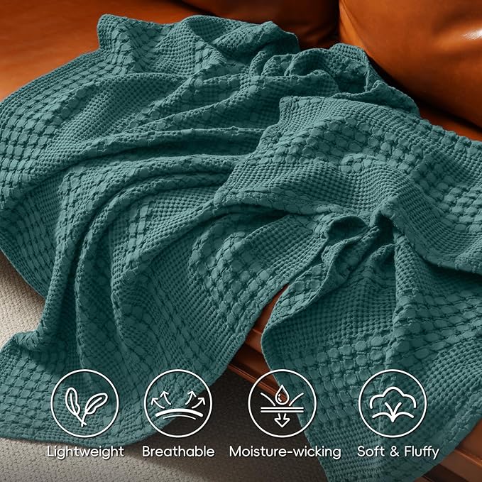 PHF 100% Cotton Waffle Weave Blanket King Size for Bed, Soft Lightweight & Breathable for Spring and Summer, All-Season Comfort, Luxury Aesthetic Blanket for Home Decor, 108"x90", Teal