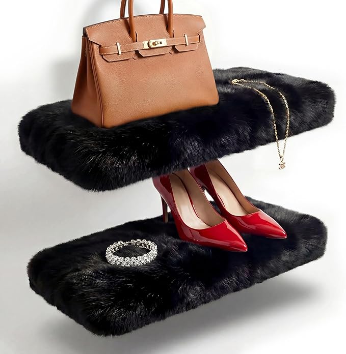 2 Pack Floating Shelves for Wall, Shelf with Fluffy Soft Black Shag Cover, Wall Mounted Shelves for Bedroom, Living Room, Suitable for storing valuable collectibles, bags, jewelry, high heels