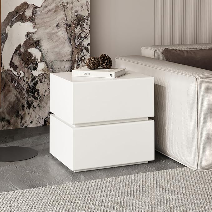 Nightstand with 2 Drawer, Bedside Table with Microfibre Leather, Fashion Night Stand for Bedroom, No Assembly Required (White, 2 Drawers with Light)
