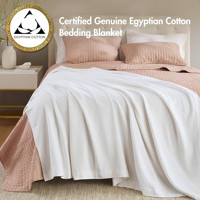 Madison Park 100% Egyptian Cotton Lightweight Summer Blanket, Breathable Waffle Knit Design, Soft Cozy All-Season Throw for Bed, Couch or Sofa, White Twin Size (66"x90")