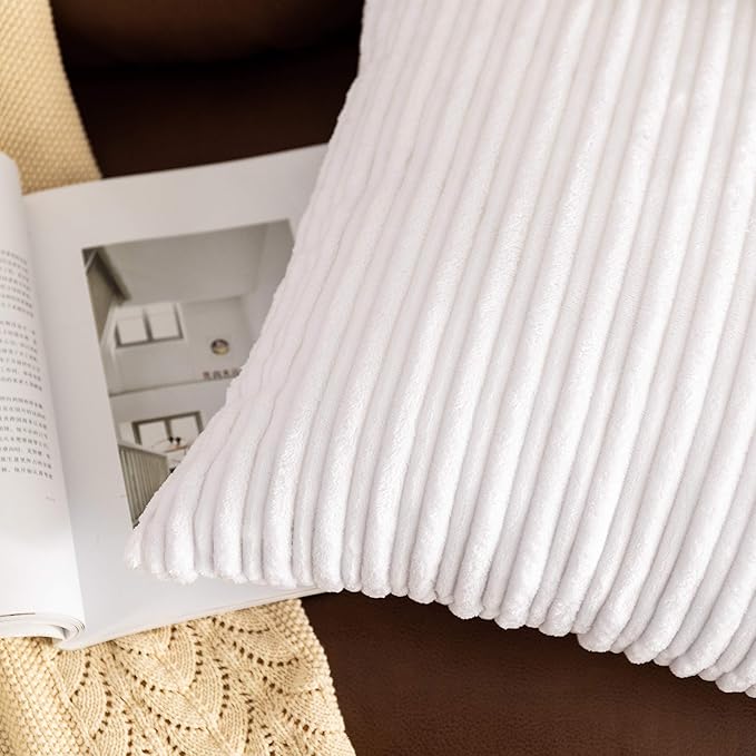 UGASA Pack of 2, Velvet Pillow Covers Striped, Soft Textured Throw Cushion Case Set, Accent Corduroy Lumbar Pillowcases with Hidden Zipper for Home Decor Indoor Outdoor (12"x20", Pure White)
