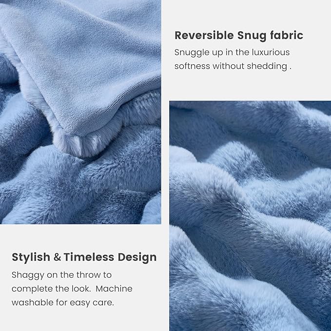 Cozy Bliss Faux Fur Bubble Throw for Couch, Fuzzy Soft Plush Thick Blanket for Sofa Bed Gift, 50x60 Inches Misty Blue