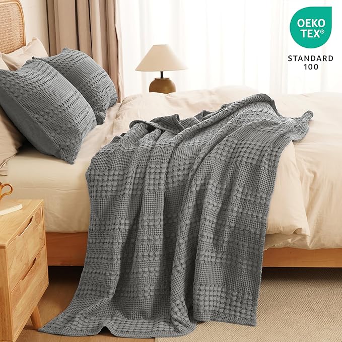 PHF 100% Cotton Waffle Weave Throw Blanket, Soft Lightweight Breathable Cozy Throws for Couch Bed Sofa, Luxury Aesthetic Blanket Gift for Home Decor & Office, 50"x60", Dark Grey