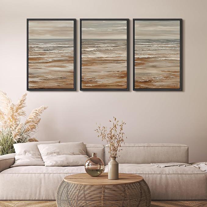 MUDECOR Framed Wall Art Print Set Neutral Coastal Seascape Minimalist Ocean Waves and Sandy Shore Illustrations Modern Art Boho Decorative for Living Room, Bedroom, Office - 24"x36"x3 BLACK
