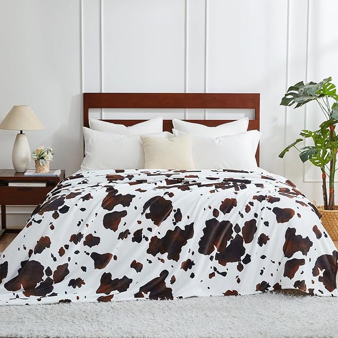 Cozy Bliss Cow Print Throw Blanket for Bed - Fuzzy Thick Soft Warm Fleece Blankets for Couch & Bed, for Women Men Girls Kids, Dark Brown Twin Size 60"*80"