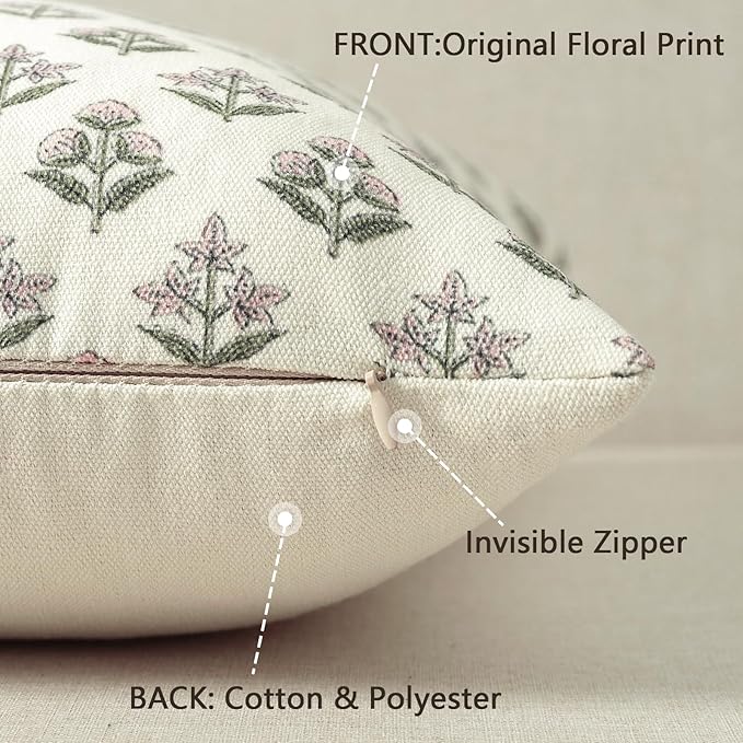 YCOLL Farmhouse Floral Print Throw Pillow Covers 20x20 Set of 2, Rustic Decorative Cushion Covers for Sofa Couch Bed Living Room, Vintage Floral Patterned Cottage Home Decor, Blush Pink
