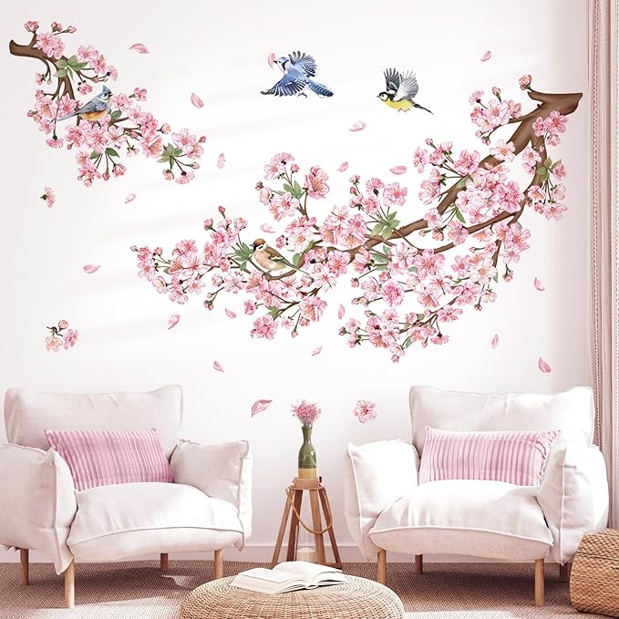 decalmile Cherry Blossom Branch Wall Decals Pink Floral Birds Wall Stickers Bedroom Living Room Sofa TV Background Wall Decor