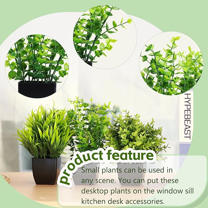 GREENTIME Artificial Potted Plants Set of 3 Mini Fake Plant 3 Pack Small Eucalyptus Black Potted Wheat Grass Faux Greenery for Home Office Desk Bathroom Shelf Bedroom Indoor Decorations
