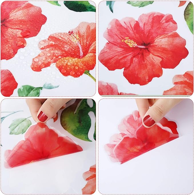 Zonon 66 Pieces Large Hawaiian Floral Wall Decals Jungle Tropical Palm Leaves Window Clings Removable Hibiscus Flower Wallpaper Stickers Green Plants Peel Sticker for DIY Craft Classroom Home Decor