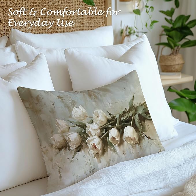 Vintage White Tulip Floral Lumbar Pillow Cover 12x20 Double-Sided, Cottagecore Room Decor, Neutral Farmhouse Spring White Flower Decorative Throw Pillow Cover for Living Room Home Bedroom