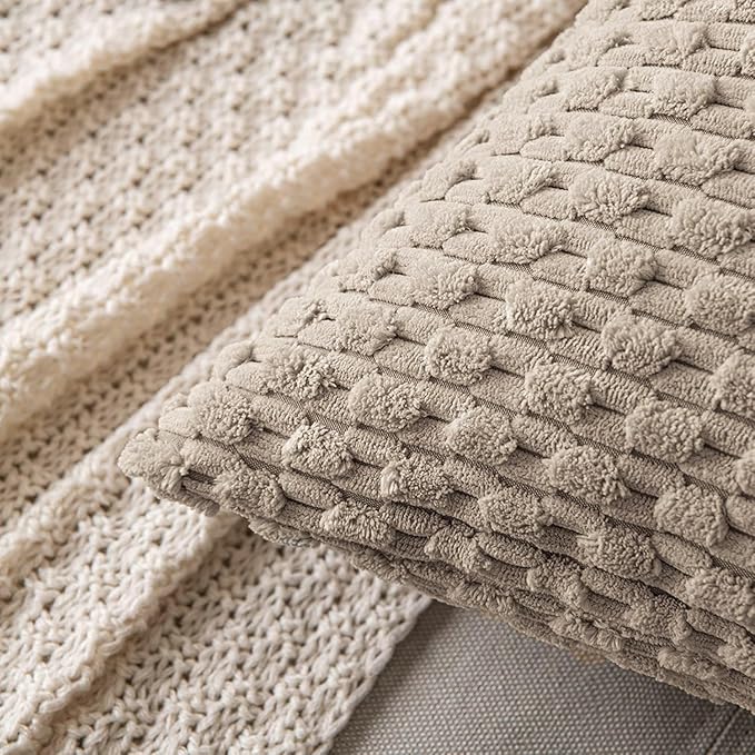 MIULEE Pack of 2 Decorative Throw Pillow Covers 16x16 Inch Soft Boho Striped Textured Corduroy Pillow Covers Modern Farmhouse Home Decor for Couch Bed Sofa Living Room Neutral Light Brown