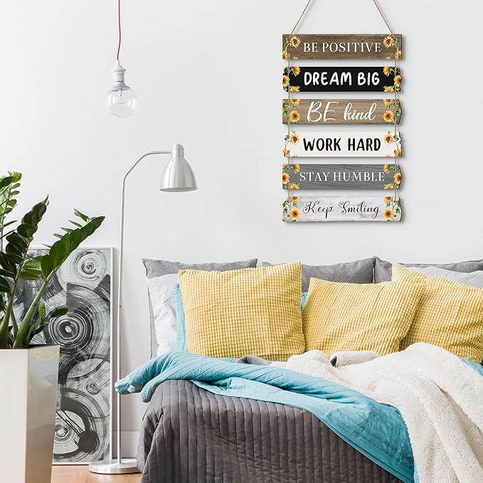 6 Pieces Rustic Wall Hanging Plaque Sign Inspirational Wall Art Farmhouse Wooden Door Signs Positive Plaque with Quotes Motivational Quote Decor for Office Bedroom Living Room(Sunflower Style)