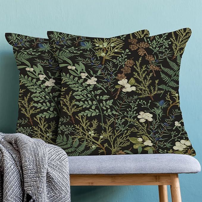Spring Pillow Covers 18x18 Inch Set of 2,Black Sage Green Wild Flower Plant Throw Pillows Case,Seasonal Vintage Floral Outdoor Decorative Linen Farmhouse Decor Cushion Covers for Sofa Bed Couch