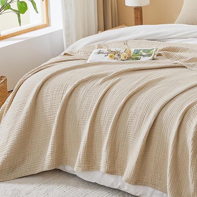 EMME Cotton Muslin King Blanket Breathable Gauze Soft Lightweight Blankets Adults Gifts for Women (Heather Beige, 108"x90")