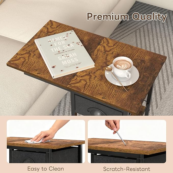3-Tier Side Table with Wheels and 360° Rotation, C Table with Drawer, End Table for Couch, Space Saving Small Desk for Narrow Space, TV Tray, Vintage Bedside Table for Living Room, Bedroom