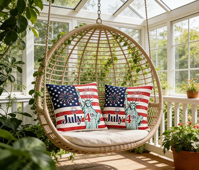 4th of July Patriotic Throw Pillow Covers, American Flag Statue of Liberty Fireworks Design, Set of 2，18x18 Pillows Linen Pillowcase