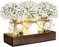 BLEUM CADE Centerpiece Table Decorations - Mason Jar Lights Centerpiece for Kitchen Dining Table Farmhouse Coffee Table Wedding Home Decor with 3 Jars Babys Breath Artificial Flowers & Wood Tray