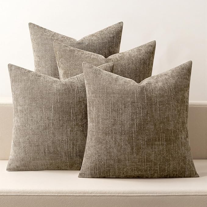 MIULEE Pack of 4 Decorative Throw Pillow Covers 18x18 Inch Taupe Chenille Textured Throw Pillows Boho Farmhouse Accent Cushion Covers for Modern Home Decor Couch Sofa Bed Living Room
