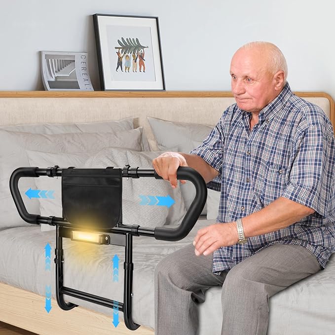 Bed Rails for Elderly Adults Safety: Adjustable Bedside Assist Rails with Storage Pockets, Non-Slip Handles, Items for Elderly Bed Rail, 400LB Gravity Capacity Black