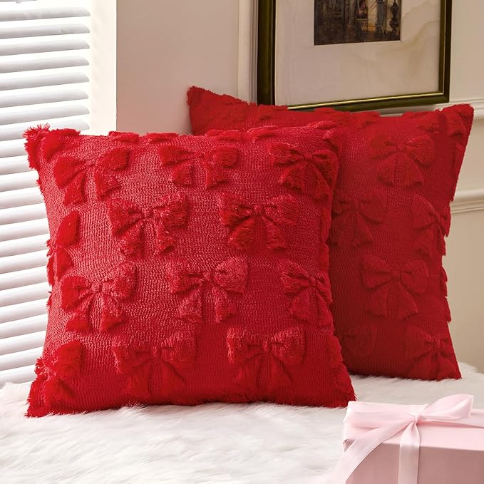 MIULEE Red Bow Pillow Covers Coquette Room Decor Aesthetic Set of 2 Decorative Cute Girl Soft Plush Faux Pillowcase for Preppy Room Decor Bedroom Couch,18x18 Inch