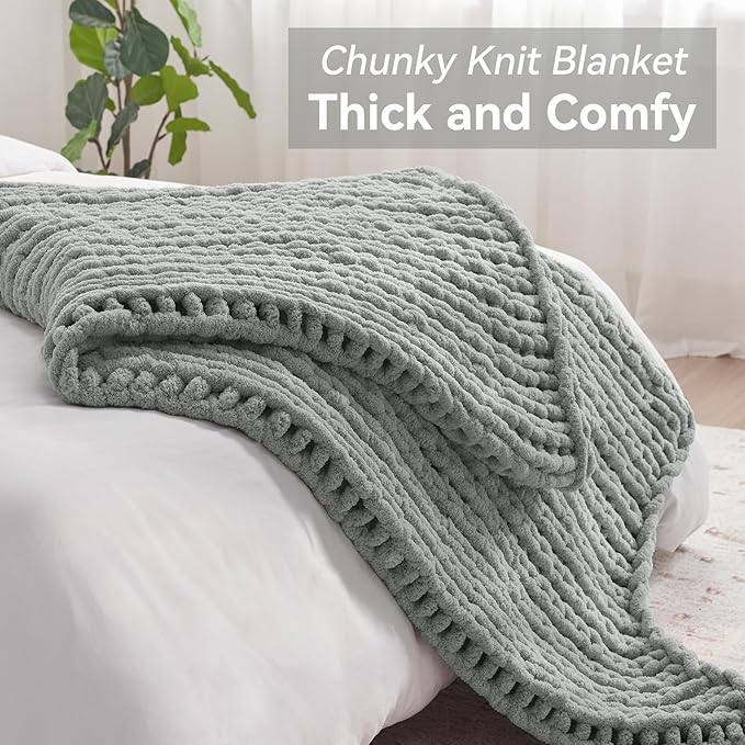 Chunky Knit Throw Blanket, 80''*90'' Knitted Throw Chenille Yarn for Bed Couch, Handmade Light Grey Crochet Big Thick Blanket, Machine Washable Cute Comfy Blanket for Home Decor