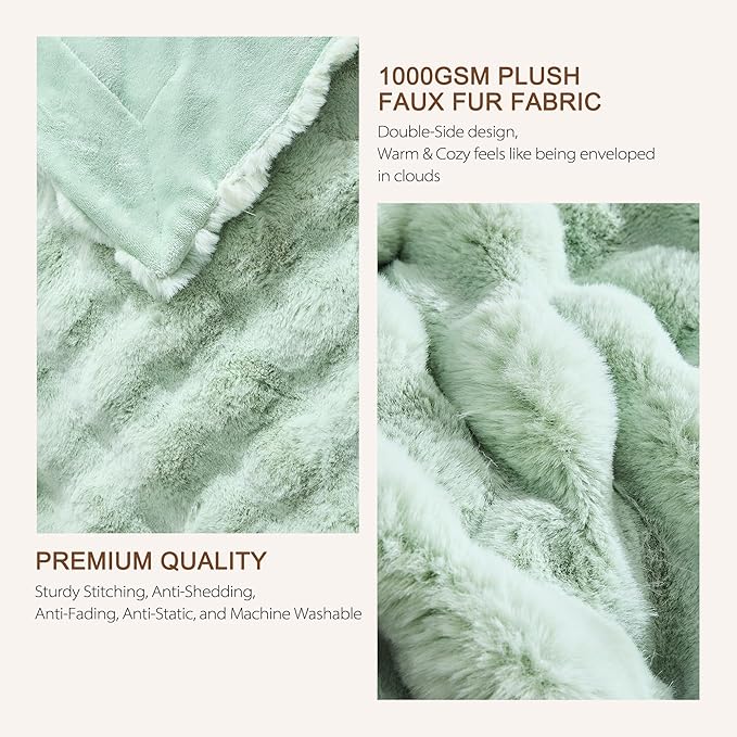 Luxury 1000GSM Faux Rabbit Fur Throw Blanket, Super Heavy Warm Cozy Blankets for Couch Bed Sofa, Bubble Plush Fuzzy Elegant Soft Reversible Mink Blanket for Living Room Bedroom, Green