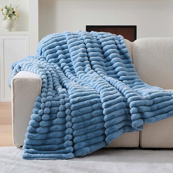 Lotus Karen Faux Fur Twin Blanket for Couch, Cozy Soft Fluffy Fuzzy Blue Blanket, Striped Warm Thick Furry Plush Shaggy Small Blankets for Women, 60x80 Inches