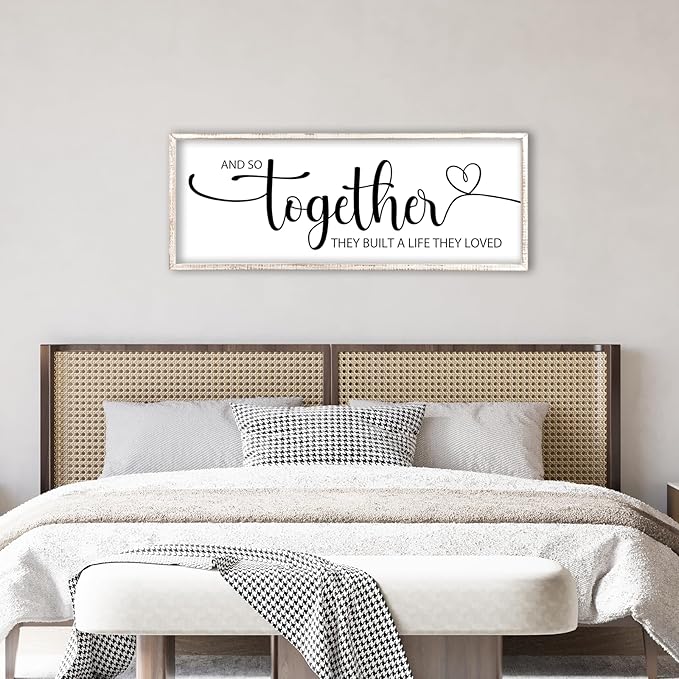 And So Together They Built A Life They Loved Sign Wall Decor 40"X15" Bedroom Above Over Bed Large Wood Framed Love Quotes for Couple Wall Hanging Art (White)