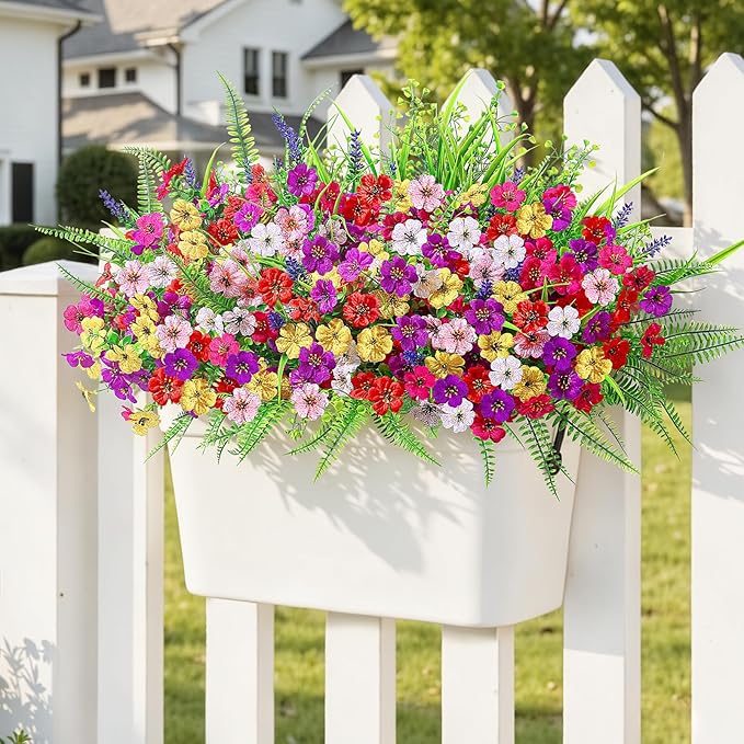 Alupssuc 48 Bundles Artificial Flowers for Outdoors Planters Spring Decoration, UV Resistant Faux Eucalyptus Violet and Lavender Silk Fake Plants for Outside Indoor Yard Home Patio Decor, Mix 6 Colors