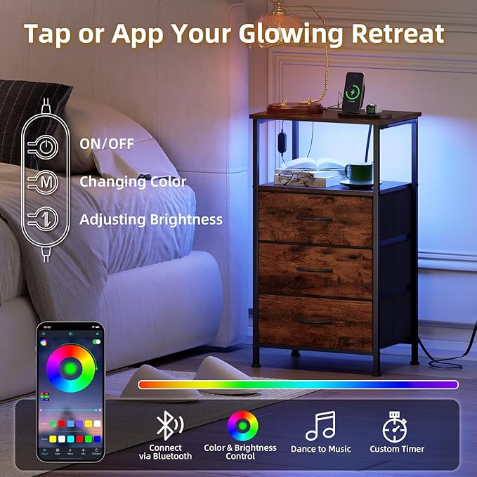 Somdot Nightstands Set of 2,Bedside Tables with Charging Station and LED Lights,Night stand with 3 Fabric Drawers, End Tables with Open Shelf for Bedroom Living Room Entryway Hallway, Wood Grain Print