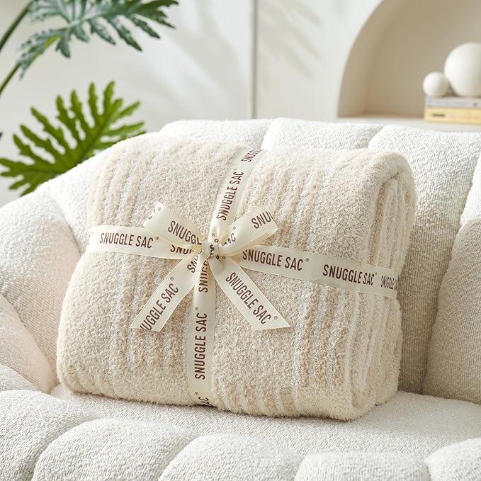 Snuggle Sac Cream Checkered Throw Blanket,Fluffy Faux Fur Reversible Soft Microfiber Warm Throw Blankets for Couch, Sofa,Travel,Cute Lightweight Striped Throws for Women, Heather Cream, 50x60 inches