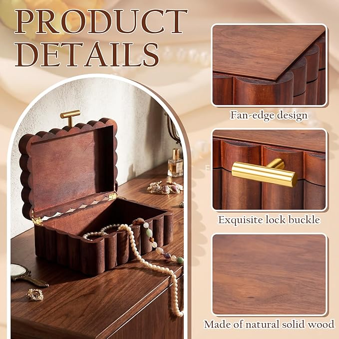 Nosiny Scalloped Wooden Jewelry Box Trinket Organizer with Lid Fan Shaped Decorative Storage Box for Keepsake, Rings, Earrings, Photos, Home Nightstand Dresser Display, 7.25 x 10 x 3.88 Inches