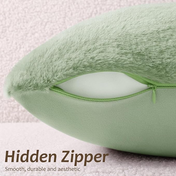 Pallene Faux Fur Plush Spring Throw Pillow Covers 20x20 Set of 2, Soft Fluffy Couch Pillow Covers for Living Room, Sage Green