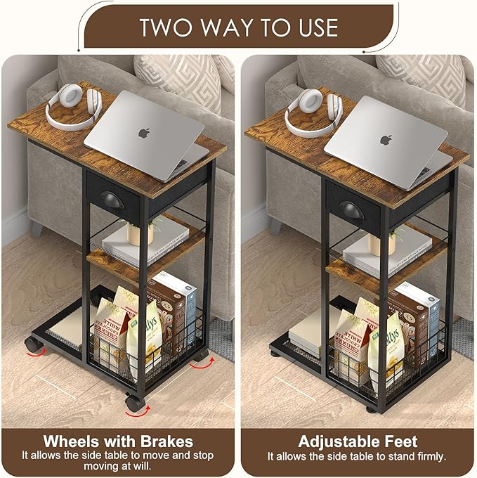 3-Tier Side Table with Wheels and 360° Rotation, C Table with Drawer, End Table for Couch, Space Saving Small Desk for Narrow Space, TV Tray, Vintage Bedside Table for Living Room, Bedroom