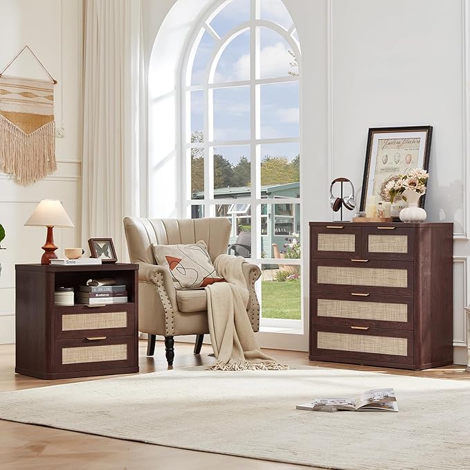 LEYAOYAO Dresser for Bedroom Set of 2, 33.5" Tall Chest of Drawers, Modern 5 Drawers Boho Rattan Dressers with Storage, Dresser Wooden Closet Organizer for Living Room, Hallway