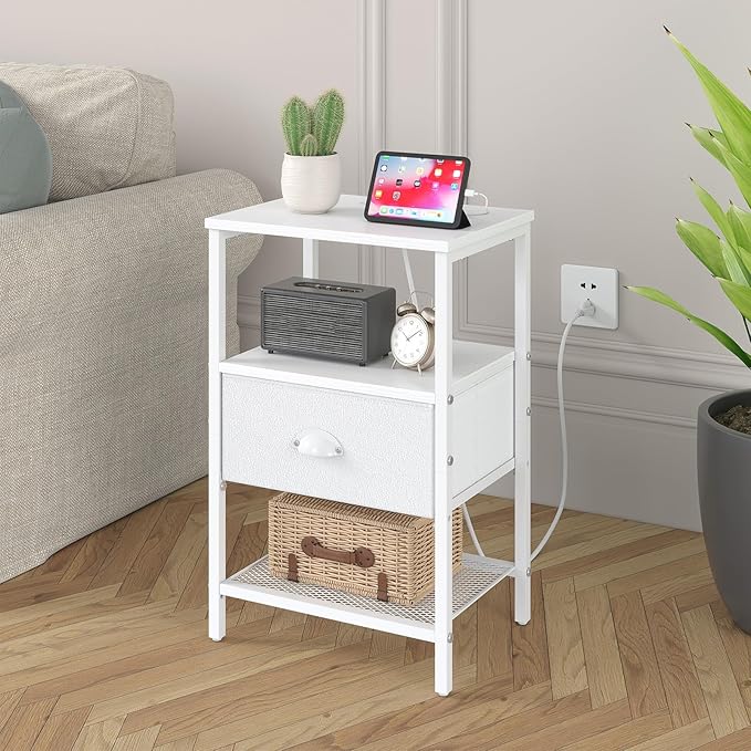 Nightstands Set of 2, Night Stands with Charging Station and Fabric Drawer PU Finish, Bedside Tables with Drawers, 2-Tier Side Table with Open Shelf, Nightstands with Charging Station,White