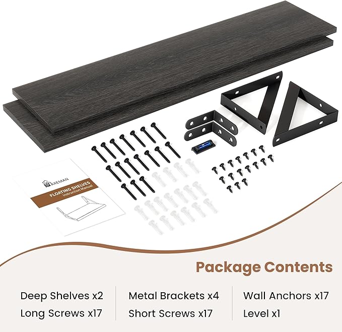 Axeman 55 Inch Floating Shelves | 8 Inch Deep Black Wall Shelves Set of 2 | 55" W x 8" D Rustic Black Wood Shelves for Bathroom Kitchen Living Room
