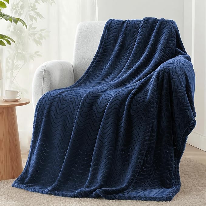 Exclusivo Mezcla Fleece Throw Blanket for Couch, Cozy Lightweight Blankets for All Season, Decorative Giftable Fuzzy Plush Wave Textured Throws for Women, Men, Navy Blue, 50x70 Inches