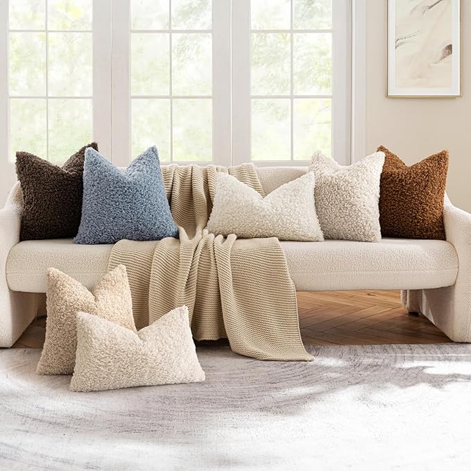 MIULEE Pack of 2 Faux Fur Throw Pillow Covers 20x20 Inch Neutral Oatmeal Boucle Decorative Sherpa Pillow Covers Fuzzy Accent Soft Sheepskin Fleece for Boho Home Decor Sofa Living Room Couch Bed