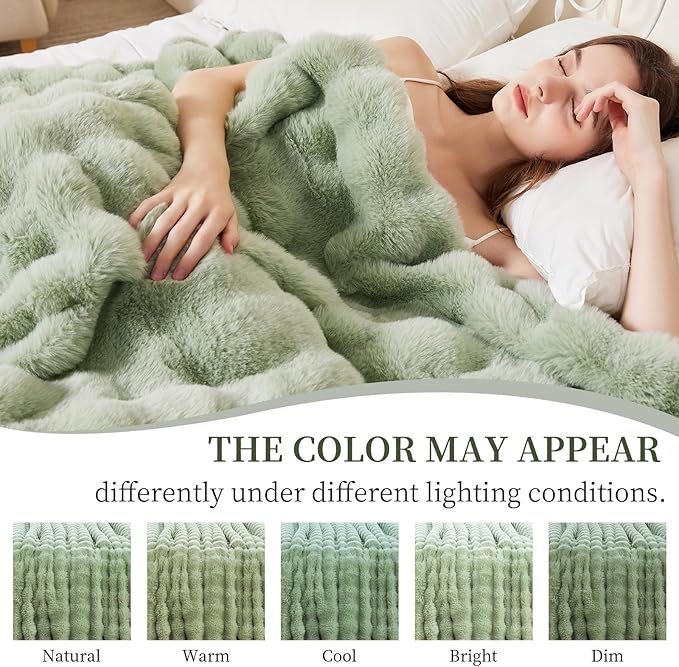 Faux Rabbit Fur Throw Blanket for Couch, Fluffy Warm Plush Thick Bubble Blanket for Bed Sofa Living Room, Soft Cozy Furry Blanket, 60x80 inches, Sage Green