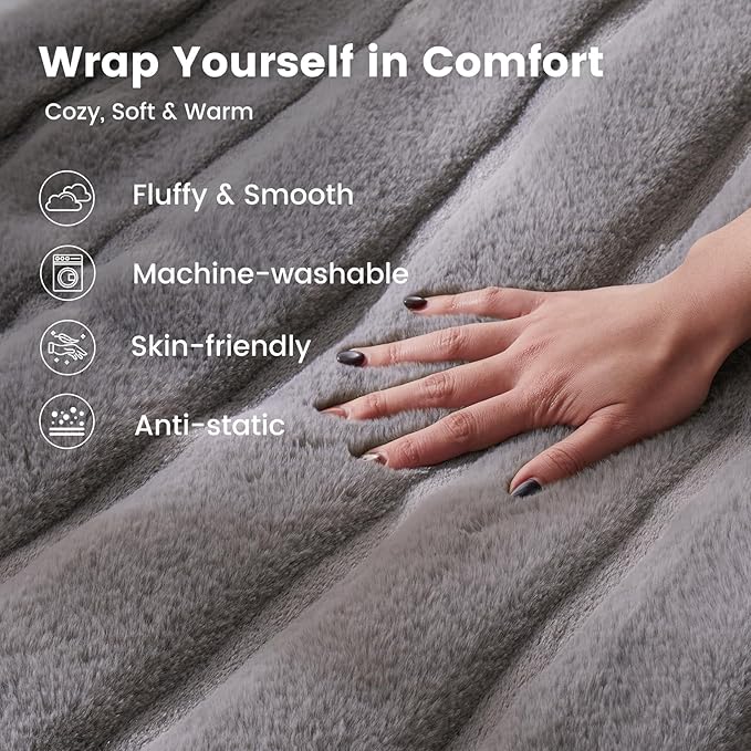 Cozy Bliss Deluxe Sheared Rabbit Faux Fur Throw Blanket, Soft Fuzzy High-Low Sculpted Plush Blanket for Couch, Cozy Home Accent, All Season Use, Grey 60"x80"