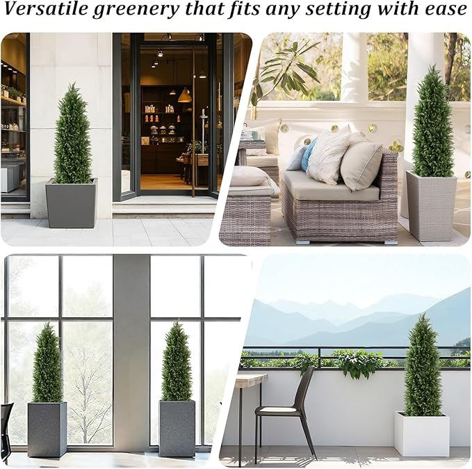 4ft Tall Artificial Cedar Trees for Outdoors Set of 2, UV Resistant Fake Plants Faux Topiary for Front Porch Decor 4 Feet