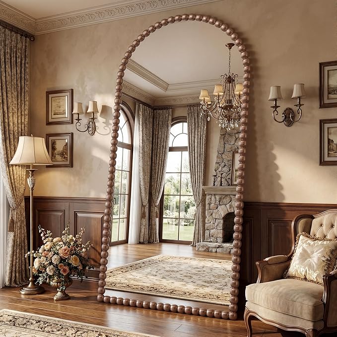 Antok 76" x 34" Arched Full Length Mirror, Antique Beaded Frame Floor Standing or Wall Mounted Mirror with Stand for Bedroom, Entryway, Brown, Luxury Style