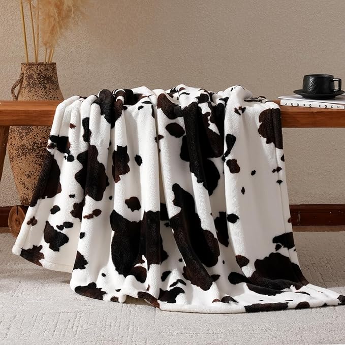 Cozy Bliss Cow Print Throw Blanket for Bed - Fuzzy Thick Soft Warm Fleece Blankets for Couch & Bed, for Women Men Girls Kids, Dark Brown Twin Size 60"*80"