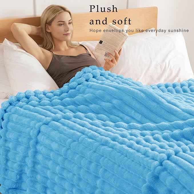 Exclusivo Mezcla Fleece Throw Blanket for Couch, Super Soft Striped Jacquard Bed Blanket, Lightweight Fuzzy Cozy for All Seasons, 50x60 Inches, Blue