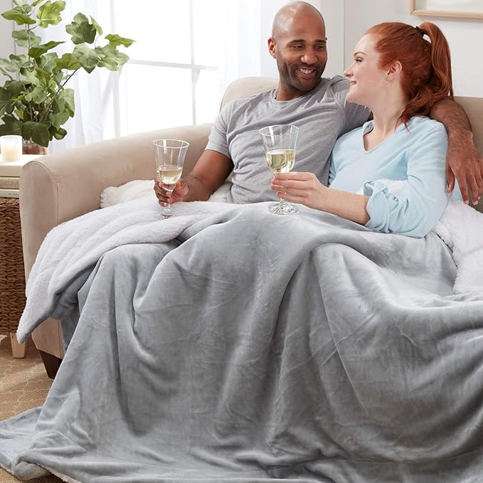 Genteele Sherpa Throw Blanket Super Soft Reversible Ultra Luxurious Plush Blanket, 90 x 90 inches, Silver/White