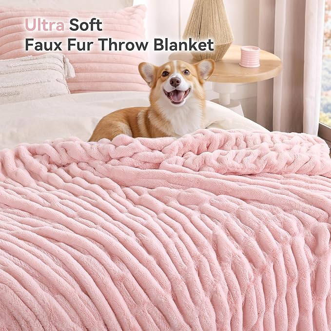 Smoofy Blush Pink Throw Blanket for Couch – Ultra Soft Cozy Plush Fluffy Blanket with Faux Rabbit Fur, Fuzzy Lightweight Fleece for Sofa, Bed & Office, Gift for Women, Home Room Decor Throw 50"x60"
