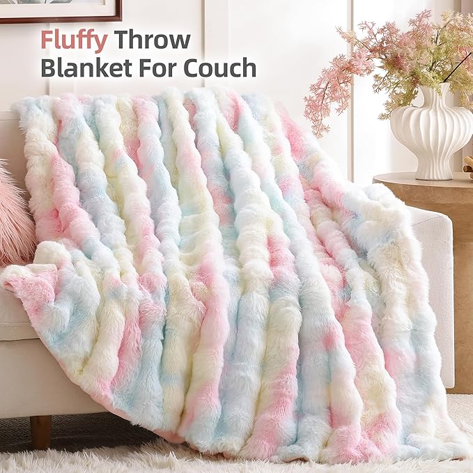 Smoofy Faux Fur Throw Blanket for Couch – Rainbow Fluffy Cozy Rabbit Fleece, Plush Soft Bubble Blanket for Sofa & Bed, for Mom, Warm Fuzzy Home Room Decor Throw 50" x 60"