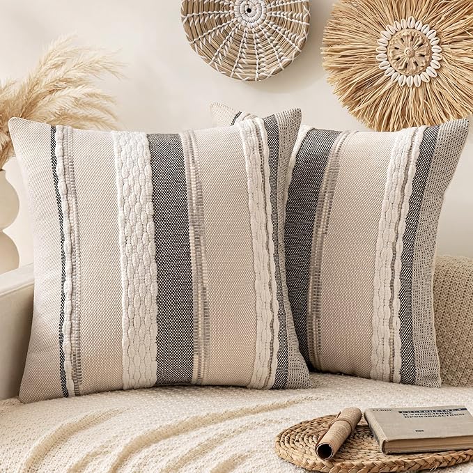 ANRODUO Pack of 2 Boho Decorative Throw Pillow Covers 20x20 Farmhouse Cushion Case Striped Chenille Pillow Cases Square Pillow Covers Accent Neutral Pillowcase for Sofa Couch Bed, White Stripe